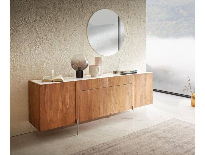 Sideboard Secara 200 cm Akazie Natur 4 Türen 2 Schübe Marmor Füße Edelstahl, Sideboards von Delife