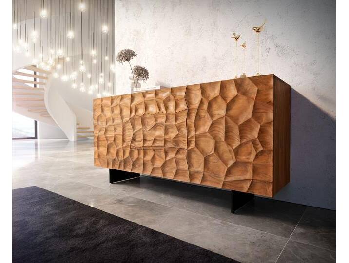 Sideboard Solu 175 cm Akazie Natur 2 Türen 3 Schübe Fuß schwebend Metall Schwarz 3D-Front, Sideboards von Delife