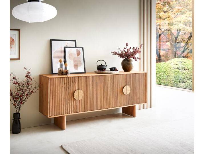 Sideboard Surimu 175 cm Akazie Hellbraun 4 Türen 2 Fächer Kork-Griff Holzfüße, Sideboards von Delife
