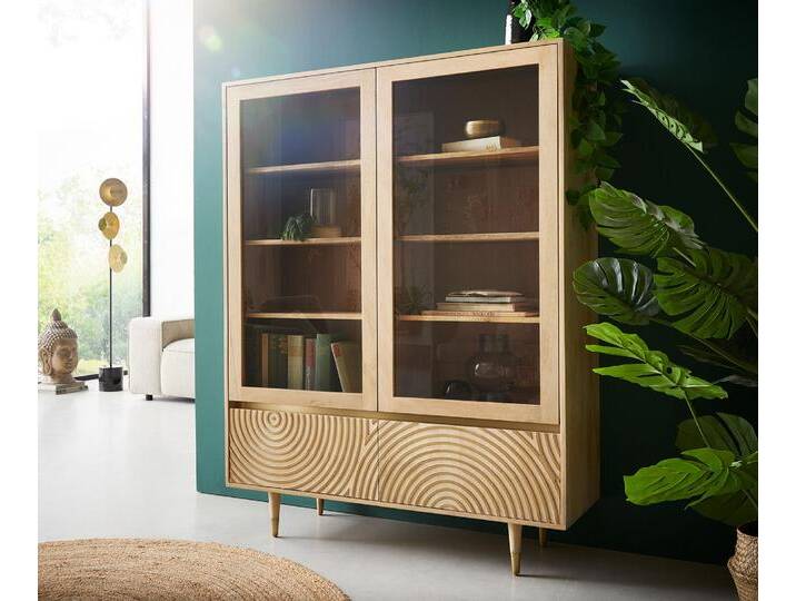 Vitrine Budaya 115x135 cm Mango Natur 4 Türen Fuß rund, Vitrinen von Delife