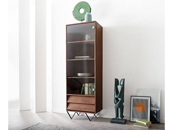 Vitrine Eloi 60x40 cm Akazie Braun 1 Tür 2 Schubladen V-Fuß Schwarz, Vitrinen Vitrine Eloi 60x40 cm Akazie Braun 1 Tür 2 Schubladen V-Fuß Schwarz, Vitrinen von Delife