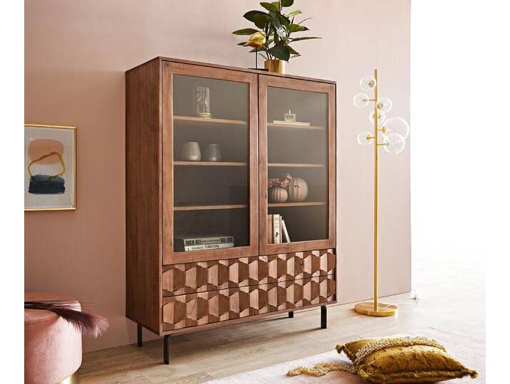 Vitrine Fevo 115x150 cm Akazie Braun L-Fuß, Vitrinen von Delife