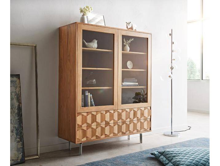 Vitrine Fevo 115x150 cm Akazie Natur L-Fuß, Vitrinen Vitrine Fevo 115x150 cm Akazie Natur L-Fuß, Vitrinen von Delife