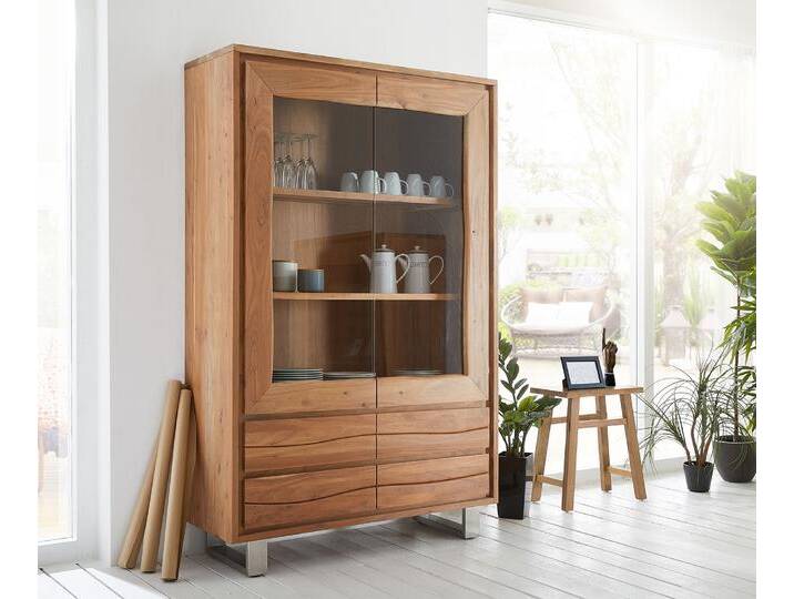 Vitrine Live-Edge 120x190 cm Akazie Natur gerade Kante 2 Türen 4 Schubladen Massiv, Vitrinen, Baumkantenmöbel, Massivholzmöbel, Massivholz von Delife