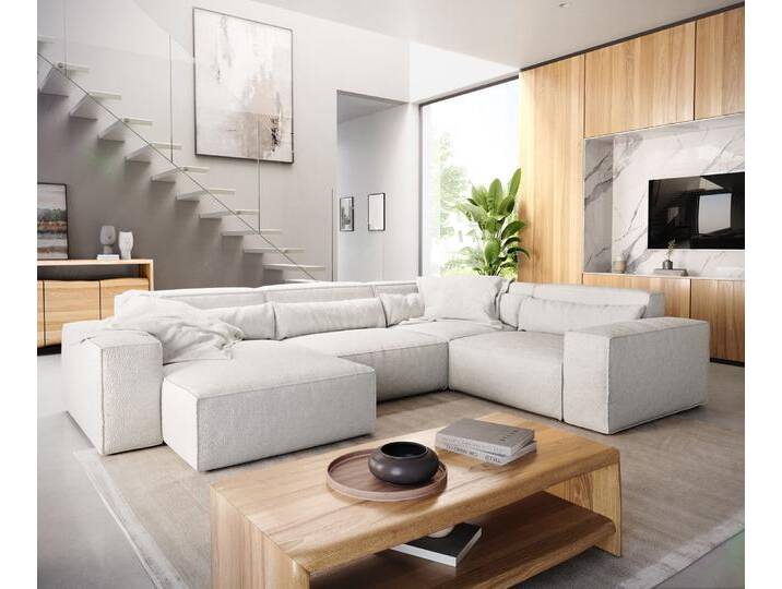 Wohnlandschaft Sirpio 300x200 cm Bouclé Creme-Weiß Recamiere variabel, Wohnlandschaften von Delife