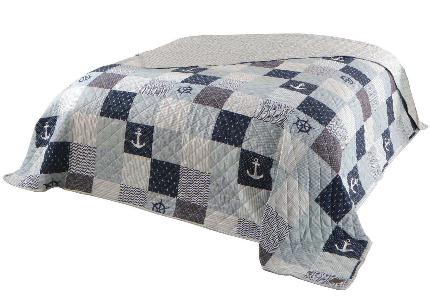 Bettüberwurf Patchwork maritim Anker blau, Delindo Lifestyle, Patchwork von Delindo Lifestyle