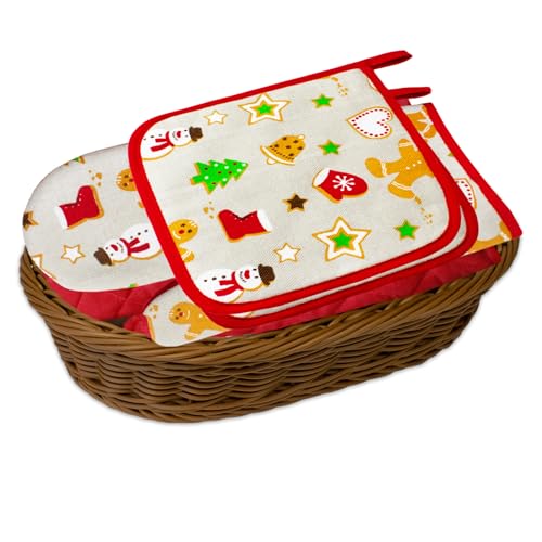 Mehrzweck-Korb Set Kitchen Weihnachten, rot, geflochten oval, mit ein Paar Ofenhandschuhen und zwei Topflappen von Delindo Lifestyle