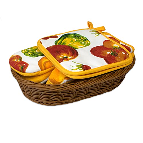 Mehrzweck-Korb Set Kitchen beige brown, vegetables, geflochten oval, mit ein Paar Ofenhandschuhen und zwei Topflappen von Delindo Lifestyle