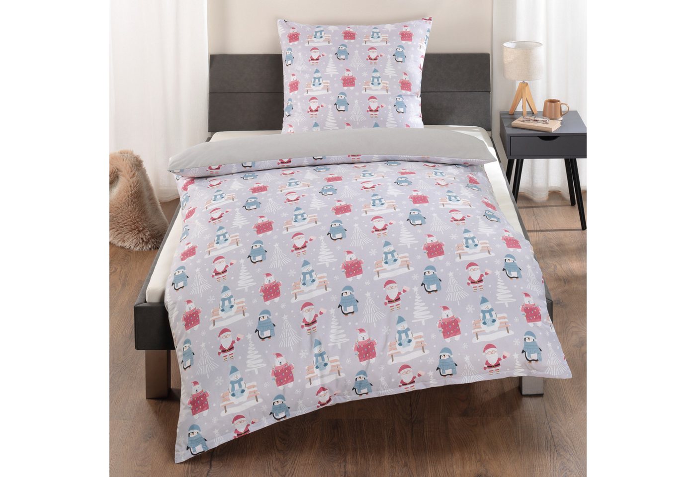 Delindo Lifestyle Bettwäsche 135x200 cm, Weihnachten, Bettbezug mit 80x80 cm Kissenbezug, grau, Microfaser von Delindo Lifestyle