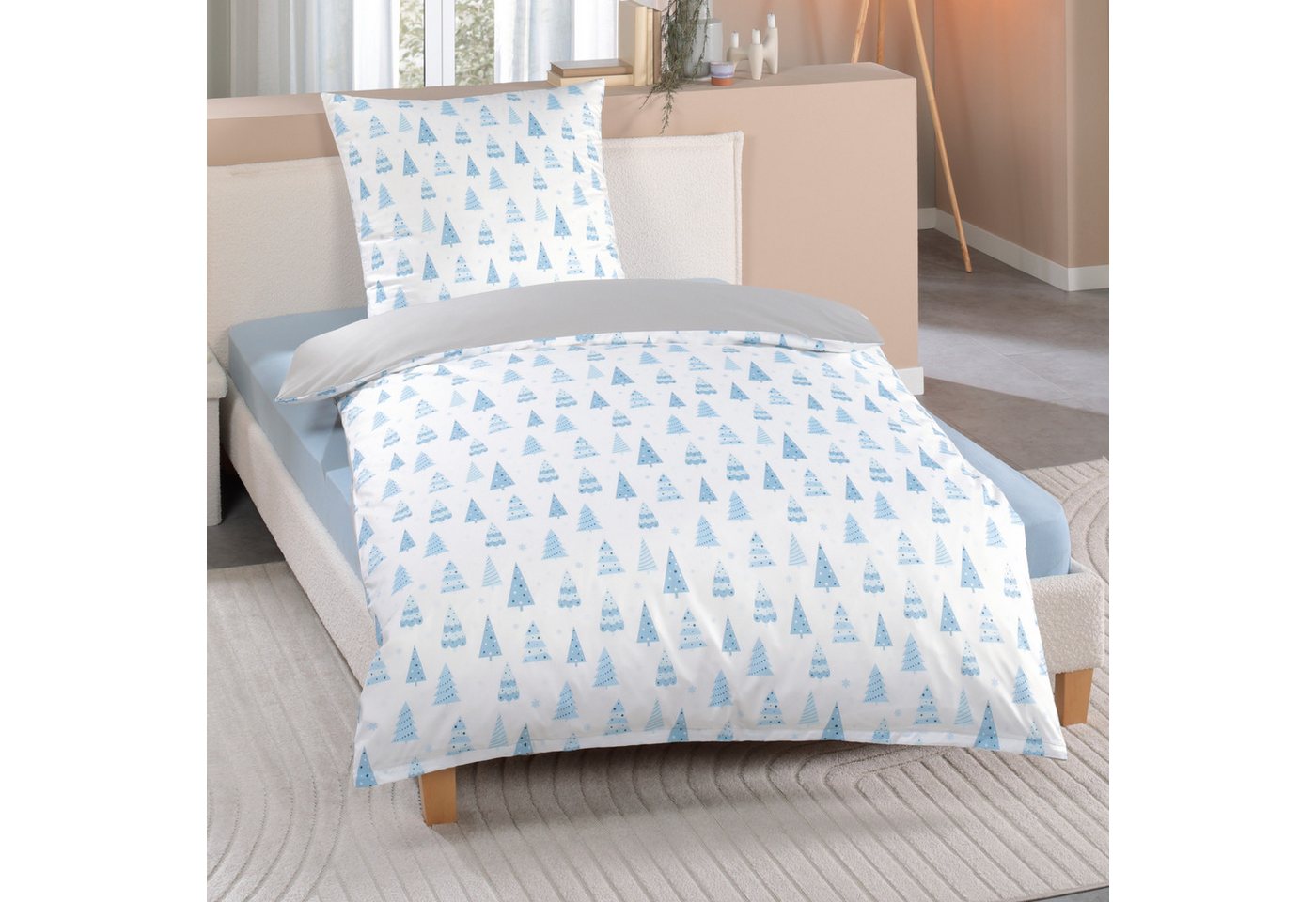 Delindo Lifestyle Bettwäsche 135x200 cm, Weihnachten, Bettbezug mit 80x80 cm Kissenbezug, weiß blau, Microfaser von Delindo Lifestyle