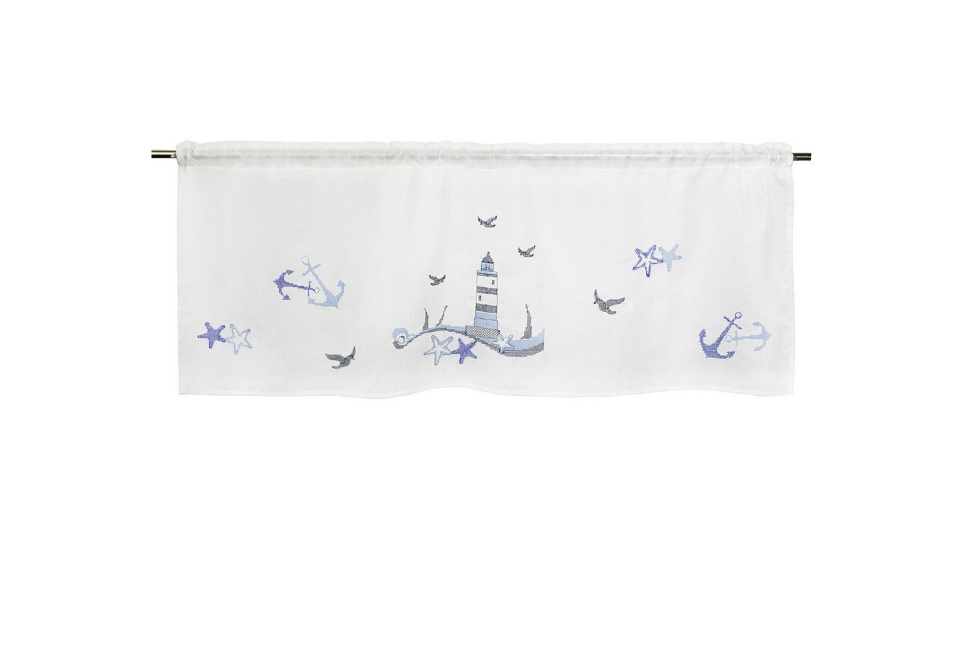Delindo Lifestyle Scheibengardine Leuchtturm maritim, Stangendurchzug (1 St), halbtransparent, glattes Gewebe, leicht aufzuhängen per Stangendurchzug von Delindo Lifestyle