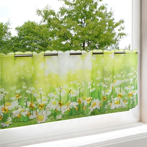 Scheibengardine Margeriten für die Küche, grüne Bistrogardine, 45x115 cm, Moderne und transparente Gardine für den Frühling und Sommer von Delindo Lifestyle