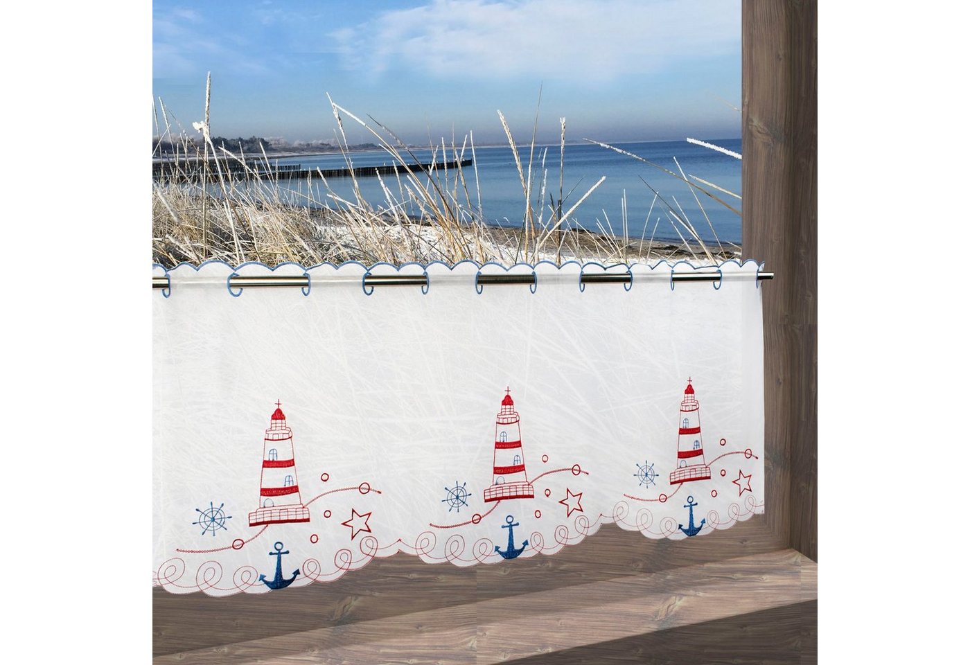 Delindo Lifestyle Scheibengardine Roter Leuchtturm, Stangendurchzug (1 St), halbtransparent, Voile, mit Stangendurchzug für die Küche von Delindo Lifestyle