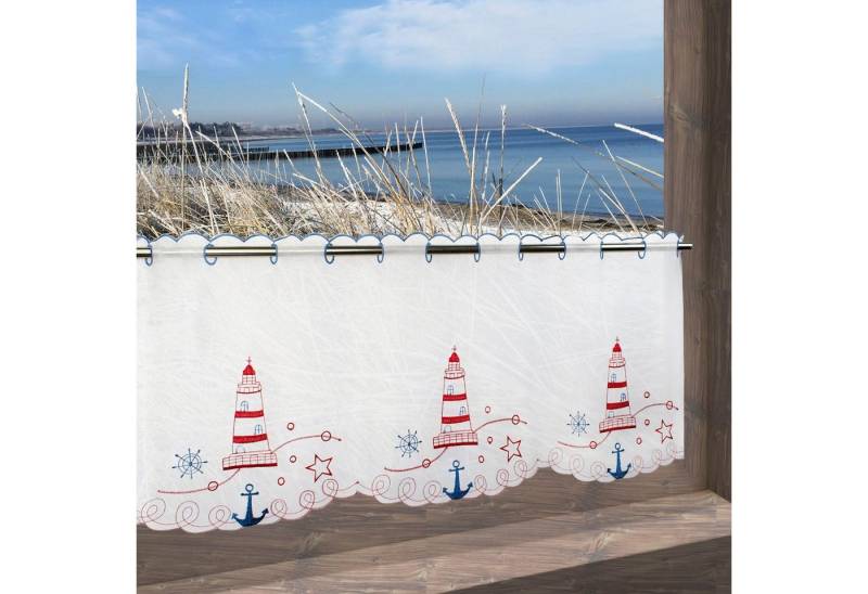 Delindo Lifestyle Scheibengardine Roter Leuchtturm, Stangendurchzug (1 St), halbtransparent, Voile, mit Stangendurchzug für die Küche von Delindo Lifestyle