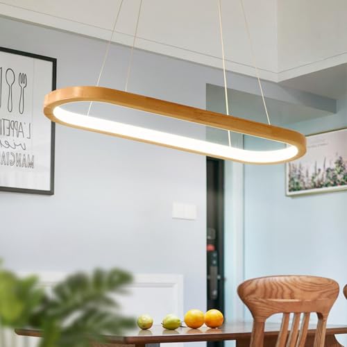 Deliouay Dimmbare Moderne LED Pendelleuchte, LED Büro Holz Hängeleuchte, Esszimmer Esstischlampe Hängend Lampe mit Fernbedienung Moderne Oval Hängelampe, für Wohnzimmer Kücheninsel Leuchten (70 cm) von Deliouay
