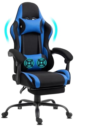 Delman Bürostuhl Gaming Stuhl Stoff Massagefubnktion USB Gaming Sessel Ergonomischer Gamer Stuhl mit Fußstütze Kopfstütze Massage-Lendenkissen Gaming Chair Drehsessel 02-0040 (Blau) von Delman