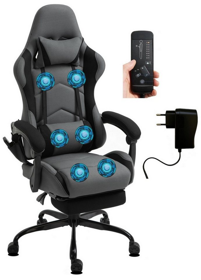 Delman Gaming-Stuhl Bürostuhl,Chefsessel Massagefunktion mit 6 Vibrationspunkten,Stoff, Drehstuhl, dicke Polsterung,Metallfußkreuz,Fußstütze, 360°-Drehfunktion von Delman