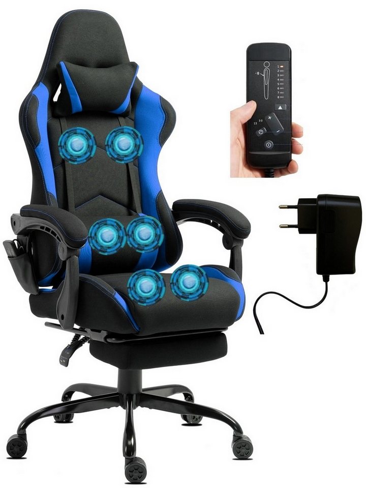 Delman Gaming-Stuhl Bürostuhl,Chefsessel Massagefunktion mit 6 Vibrationspunkten,Stoff, Drehstuhl, dicke Polsterung,Metallfußkreuz,Fußstütze, 360°-Drehfunktion von Delman