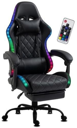 Delman Gaming-Stuhl Bürostuhl Gaming Stuhl mit LED, RGB Beleuchtung, Drehstuhl, Dicke Polsterung, Metallfußkreuz, Fußstütze 02-0055 (Schwarz) von Delman
