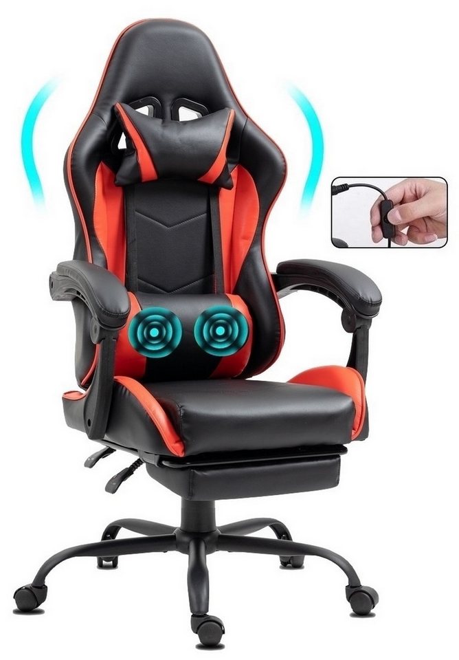 Delman Gaming-Stuhl Massagefunktion Drehstuhl, dicke Polsterung, Metallfußkreuz, Fußstütze, Massagefunktion,dickes Kissen,Kopfstütze, Rückenlehne bis 135° neigbar von Delman