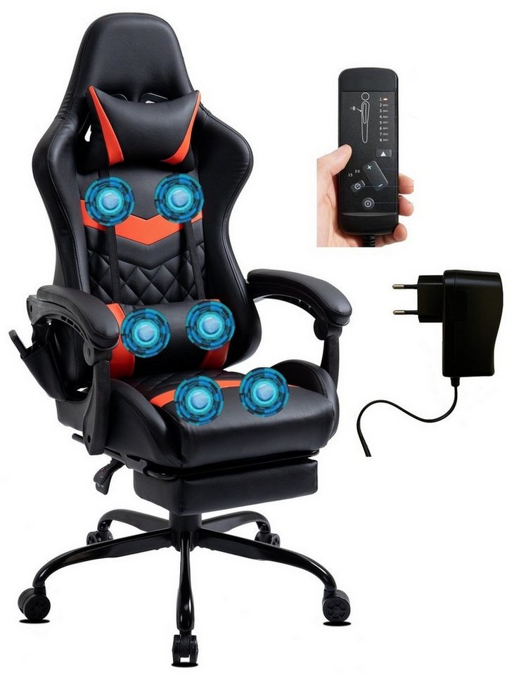Delman Gaming-Stuhl Mit 6 Vibrationspunkten Drehstuhl, dicke Polsterung, Metallfußkreuz, Mit Massagefunktion, 360° Drehfunktion, verstellbarer Rückenlehne von Delman