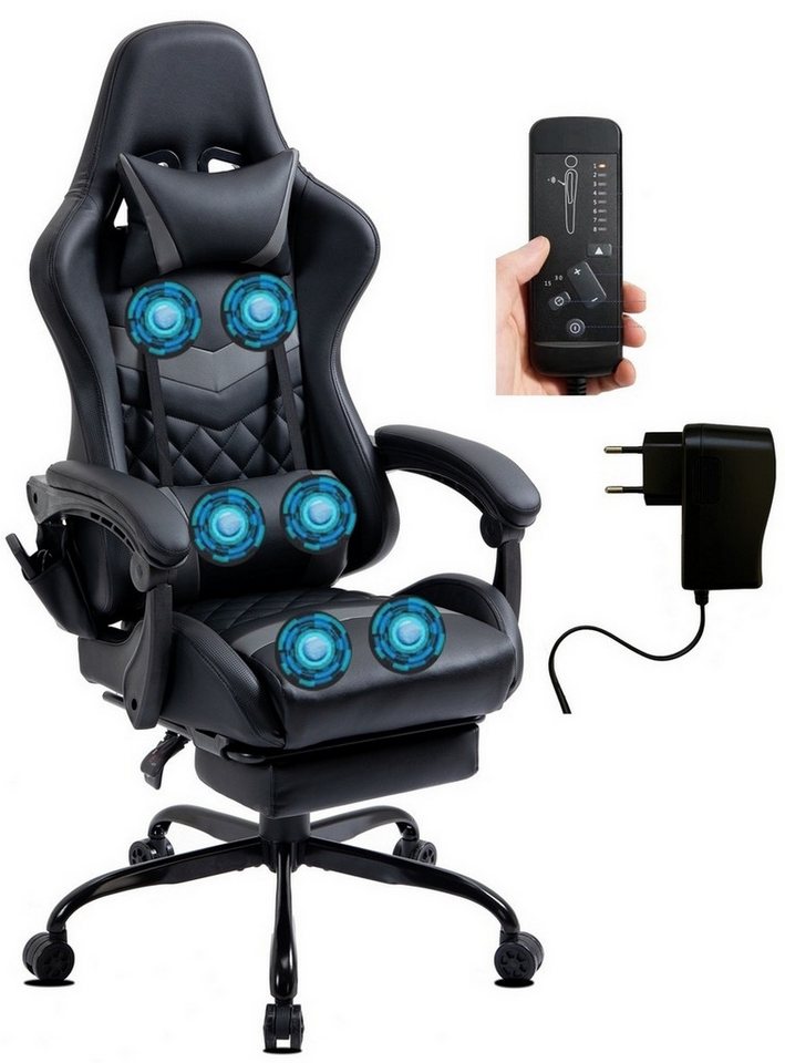 Delman Gaming-Stuhl Mit 6 Vibrationspunkten Drehstuhl, dicke Polsterung, Metallfußkreuz, Mit Massagefunktion, 360° Drehfunktion, verstellbarer Rückenlehne von Delman