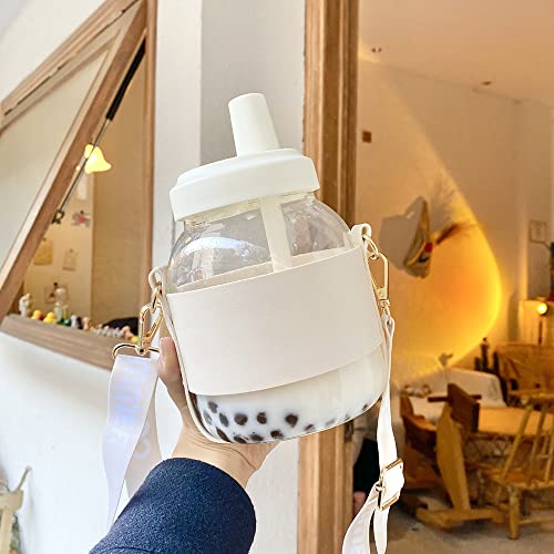 Delmkin Bubble Tea Becher 1000ml Trinkbecher Smoothie Becher mit Deckel und Strohhalm Wiederverwendbarer Glasbecher für Boba Tea Saft Kaffee (Weiß 1000 ml) von Delmkin