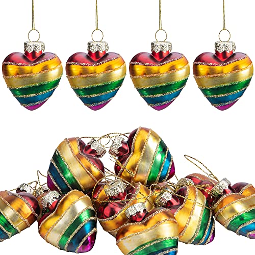 Deloky 12 Stück Glas-Regenbogen-Herz-Hängeornamente - Pride Regenbogen Herz Ornament - Regenbogen Ornamente für Weihnachtsbaum Stolz Party Zubehör von Deloky