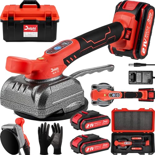 DELPHI 21V Fliesenrüttler Akku Fliesenleger Maschine Elektrische Set mit 2 Akkus - 130mm Saugnapf 800W 80KG Adsorption Saugnapf Für Fliesen Saugheber Fliesen Vibrationsgerät Fliesenvibrator von Delphi