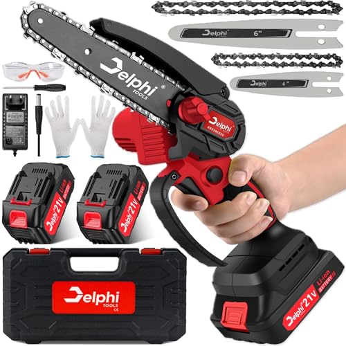 DELPHI Mini Kettensäge Mit Akku 4 und 6 Zoll Handsäge mit Bürstenloser Motor - 2x 21V 1500mAh Akkus Elektrosäge Für Holz Mini Kettensäge für Gartenscheren Holzschneiden Astschere von Delphi