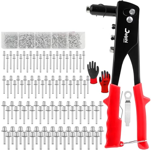 DELPHI Nietenzange Set mit 500 Blindnieten in 4 Größen 2.4 I 3.2 I 4.0 I 4.8 mm Blindnietzange Popnietenzange Nietzange Set Professionelles Nietwerkzeug Mit Koffer, Handschuhen von Delphi