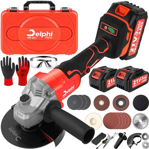 DELPHI Tools Akku-Winkelschleifer 1200W 21V Bürstenloser Motor M10 Spindelgewinde Über 550h Haltbarkeitstest mit 2 Akkus Transportkoffer & Zubehör für Schneiden Schleifen & Polieren von Delphi