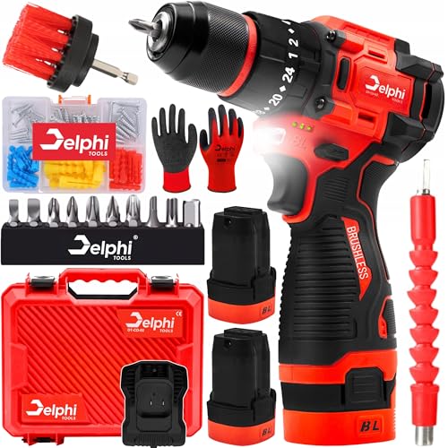 Delphi Akkuschrauber 16,8V bürstenlos mit 2x 1500mAh Akku und Led Arbeitslicht, 50Nm Drehmoment, 24 Drehmomentstufen, Bit Set, für Holz Metall Beton, für Heimwerker und Profis von Delphi