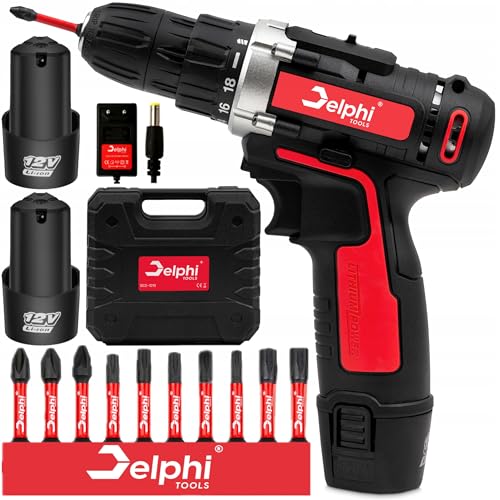 Delphi Akkuschrauber 12V mit 2 Akkus und Ladegerät Drehmomentkontrolle variable Geschwindigkeit Zubehör-Set 2x 12V 1,5Ah kompakte Bohrmaschine Schraubendreher für Holz und Metall von Delphi