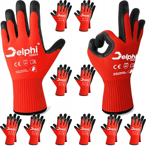 Delphi Arbeitshandschuhe Stark Latex beschichtet, 10 Paar, Größe 8-M rot (M) von Delphi