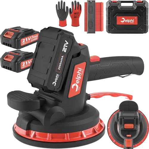 DELPHI Fliesenleger Maschine Vibrations Saugheber Set 21V 2000mAh Akku 250KG absorption 18cm Saugnäpfen Fliesen Saugheber Glassauger Glasheber 6 Geschwindigkeitsstufen Handgeführter Fliesenrüttler von Delphi
