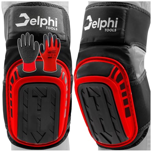 Delphi Knieschoner mit Gelpolster für Arbeit und Garten – Komfortabler Profi Knieschutz für Handwerker, Fliesenleger, Heimwerker – Inkl. Handschuhe von Delphi