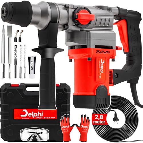 Delphi SDS Plus Bohrhammer 2200W mit 3 Funktionen Abbruchhammer Bohrmaschine Meißelhammer mit Koffer 2,8m Kabel 4J Schlagenergie SDS Plus Bohrer und Meißel Zubehör Set von Delphi