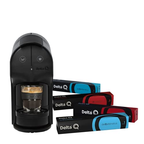 Delta Q Schnell-Kaffeemaschine, Grau, für Kaffee, Tee und heiße Getränke, einfach und praktisch, elegantes Design, inklusive 100 Kapseln DeQafeinatus + Qharacter von Delta Q