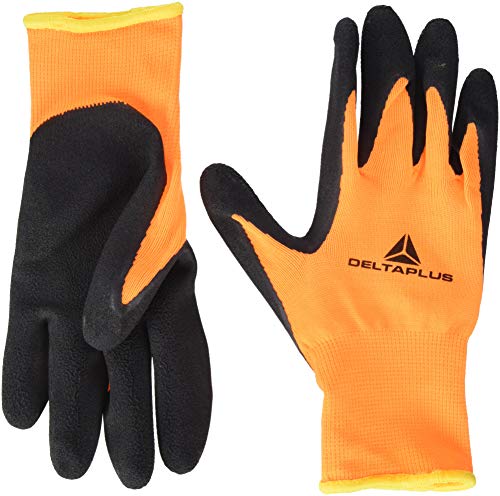 Deltaplus DPVV733OR07 Strickhandschuh Polyester - Latex-Schaumstoff Beschichtung Auf Handfläche, Neonorange-Schwarz, Größe 07 von Deltaplus