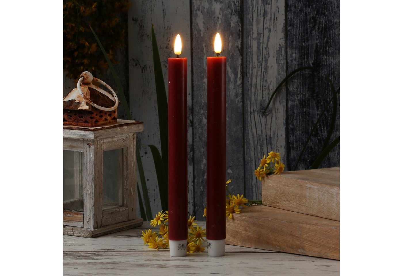 Deluxe Homeart LED-Kerze LED Stabkerzen Mia Tafelkerzen Echtwachs flackernd H: 24cm bordeauxrot (2-tlg) von Deluxe Homeart