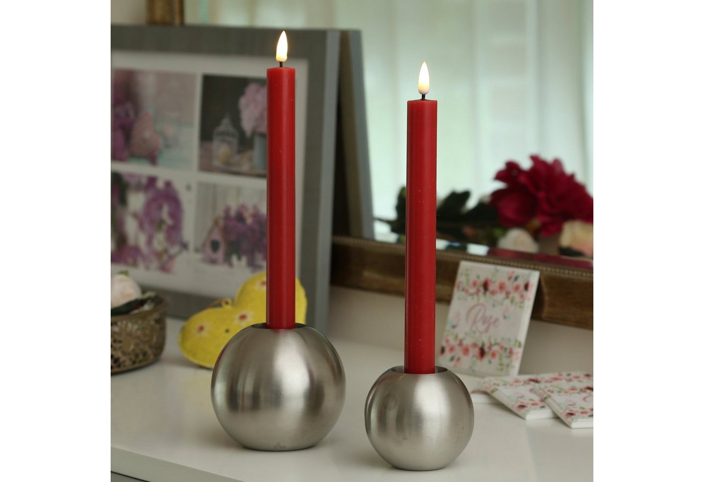 Deluxe Homeart LED-Kerze LED Stabkerzen Mia Tafelkerzen Echtwachs flackernd H: 24cm rot 2Stk (2-tlg) von Deluxe Homeart