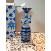 Russian Gzhel Porcelain Candleholder Figurine Woman Babushka with Cat On Shoulder von DemDemShop
