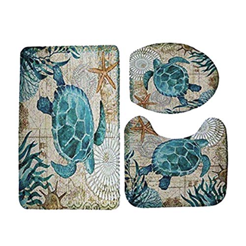 Demarkt Badematten Set 3tlg Schildkröte-Muster 3er Badgarnitur Badezimmer Matte Set Dusch Bade Matte Vorleger Teppich von Demarkt