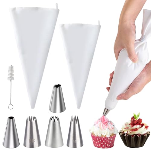Demarsen Spritzbeutel Set,Weiß Baumwolle Spritztüte mit 5 Verschiedenen Edelstahl Spritztüllen,Wiederverwendbar Torten Spritztüllen Set zum Dekorieren von Torten Krapfen Cupcakes von Demarsen
