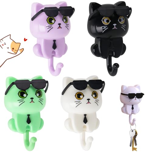 Demarsen 4 Stück Schlüsselhaken,Niedliche Cartoon Katze Schlüsselhaken,Kreativer Selbstklebende Wandhaken Ohne Bohren für Schlüssel Taschen Schmuck Kleidung,Heimdekoration von Demarsen