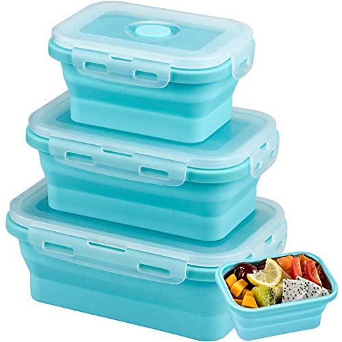 Demason Faltbare Frischhalteboxen 3 Stück Brotdosen aus Silikon Wiederverwendbar Container Blau Lunchbox Rechteckig Vorratsdosen für Mikrowellen, Kühlschränke 350/500/800 ML von Demason