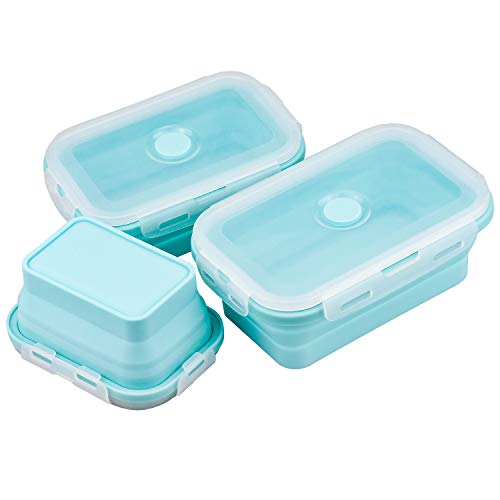 Demason Faltbare Frischhaltedosen, 3 Stück Frischhalteboxen Silikon Zusammenklappbaren Container Brotdosen für Mikrowellen, Kühlschränke, 350ML500ML 800ML (Blau) von Demason