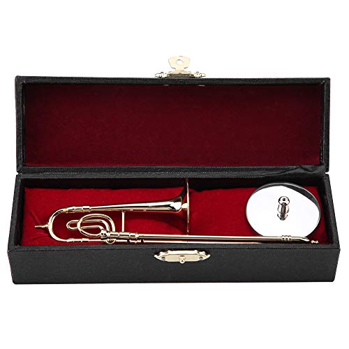 Demeras Vergoldete Miniatur-Posaune-Replik mit Ständer und Gehäuse, Kupfer Vergoldete Westliche Musikinstrument Posaune Modell Musikalische Ornamente von Demeras