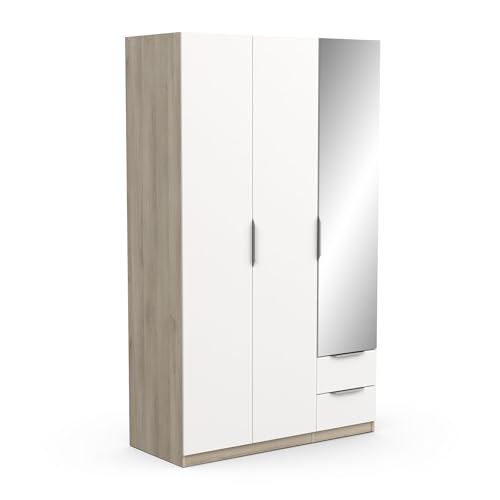 Demeyere Armoire Dressing Avec Miroir & Penderie Moderne 3 Portes 2 Tiroirs 4 Niches – Coloris Chêne Kronberg & Blanc Mat - 119,4 x 51,1 x 203 cm von Demeyere
